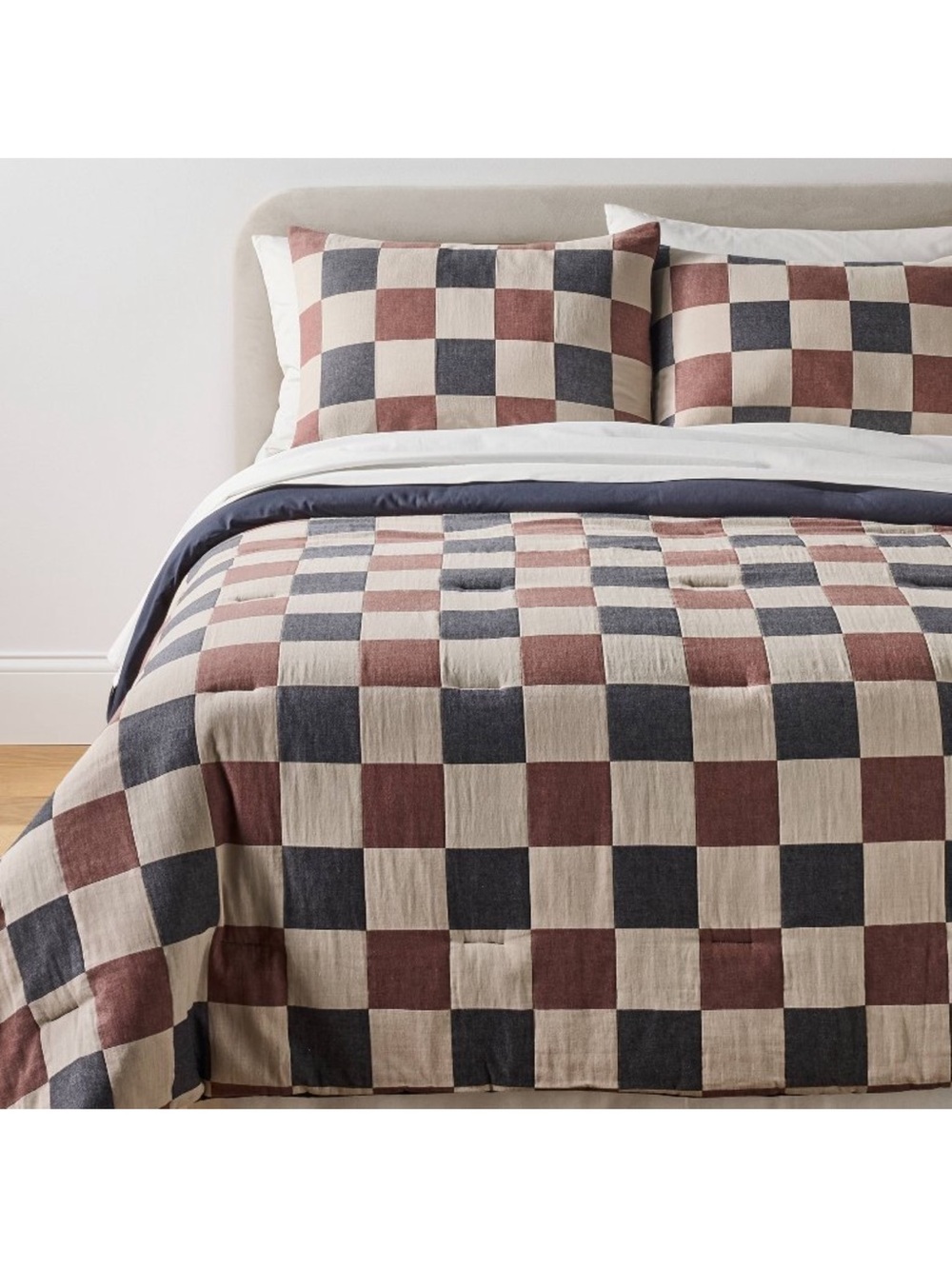 Studio McGee F/Q Woven Checkered Comforter Set in Nuetral/Navy/Burgundy